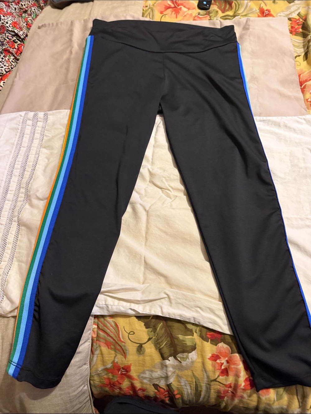 Women's Black Athletic Leggings with Blue & Green Side Stripes